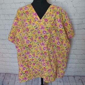 Pink Yellow Floral Size Large Crest Cotton Scrub Top 2 Pocket